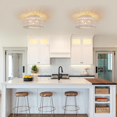 3-Lights Hand-Woven Boho Flush Mount Ceiling Light, Rustic Rattan Chandelier - Picture 9 of 38