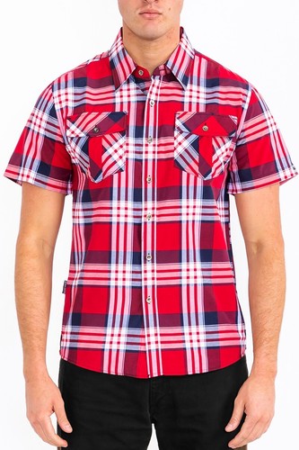 Camisa para Hombres Mezcla de Algodón Manga Corta Cuadros Dos Bolsillos en el Pecho Abotonada - Imagen 18 de 27