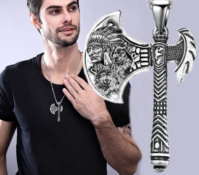 Big INDIAN NATIVE WEAPON AXE WOLF Pendant 22