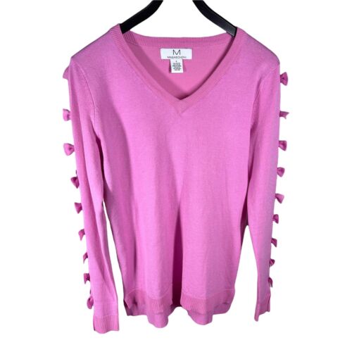 Magaschoni Womens Sz S Pink Sweater Cut Out Bows on Sleeve Vee Neck - Picture 2 of 7