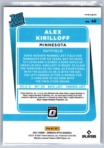 2021 Donruss Optic #40 Alex Kirilloff Rookie RC Carolina Blue & White Prizm Card - Bild 2 von 2