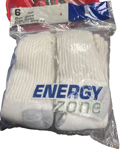 Boys 6-Pack Sports Crew Socks Energy Zone Socks (sock size 9-11) White - Picture 2 of 5