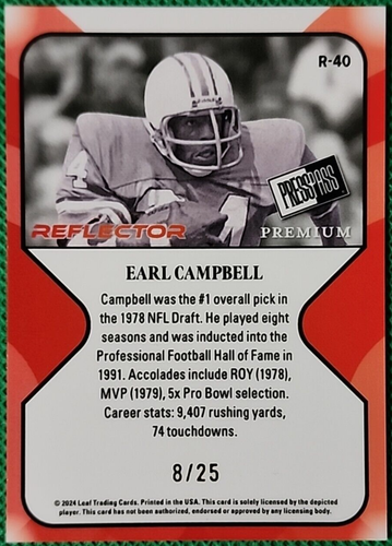 Earl Campbell/25 2024 Hoja Prensa Pass Premium Reflector Retro HOF Engrasadores - Imagen 2 de 2
