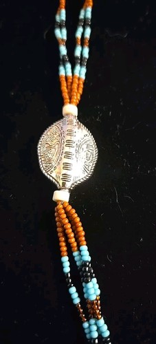 Turquoise & Coral Colored Seed Beaded Tassel Necklace Symbol Handmade 26" - Picture 3 of 6
