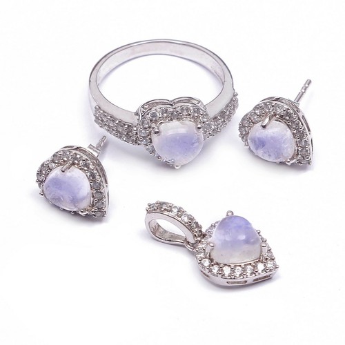 Rainbow Moonstone Ring Earrings Pendant Matching Jewelry Set 925 Sterling Silver - Picture 2 of 3