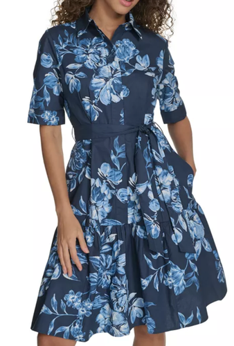 $149 NWT Calvin Klein Cotton Floral Belted Shirt Dress Indigo Multi Sz 10 - Picture 3 of 9