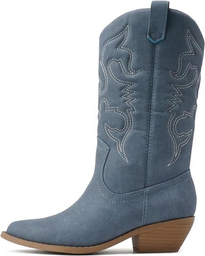 Soda Reno Blue Denim Western Cowboy Pointed Toe Knee High Pull On Western Boots - Picture 1 of 5