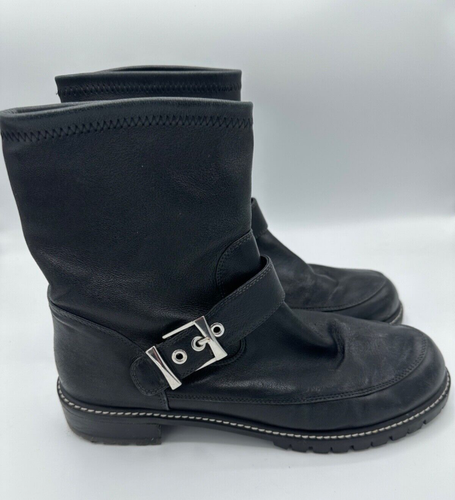 Stuart Weitzman Leather Moto Boots Black with Buckles 10M - Afbeelding 2 van 7