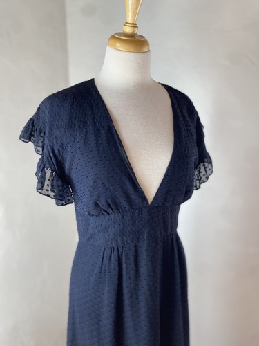 KITE & AND BUTTERFLY Clip Dot Navy Silk Ruffle Wedding Guest Maxi Dress Sz L - Picture 4 of 10