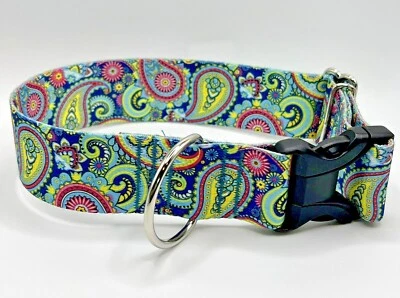 BLUE COLLAR DOGWEAR 1 .5 inch Wide Colorful Paisley Big Dog Collar Quick Release Adjustable USA Made