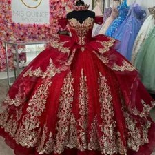 Luxury Red Quinceanera Dresses Gold Applique Lace Dress Crystal Beads Birthday