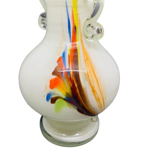 Snowflakes Dalian Glass Handblown Art Glass Two Handled Vase Ruffled Edge 9.75" - Picture 5 of 13