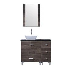 36inch Bathroom Vanity Single Cabinet 4 Ceramic Sink w/Black Glass Top Set Brown