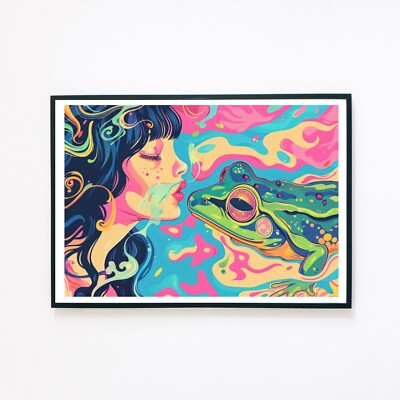 Prinzessin & Frosch Abstrakt Retro Portrait Surreale Illustration 7x5 Wandkunstdruck 