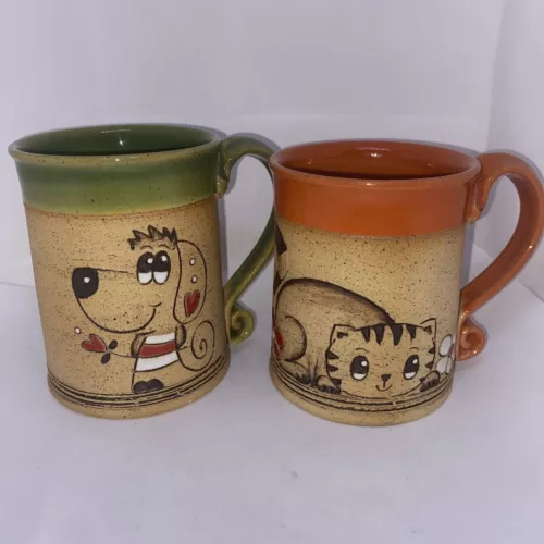 Art Pottery Two (2) Cat Dog Mugs. Nice