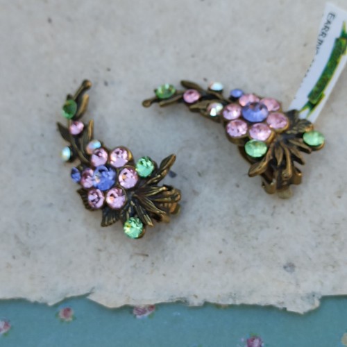 Michal Negrin Clip Earrings Pink Flowers Leaves With Swarovski Crystals Gift New - Picture 11 of 15