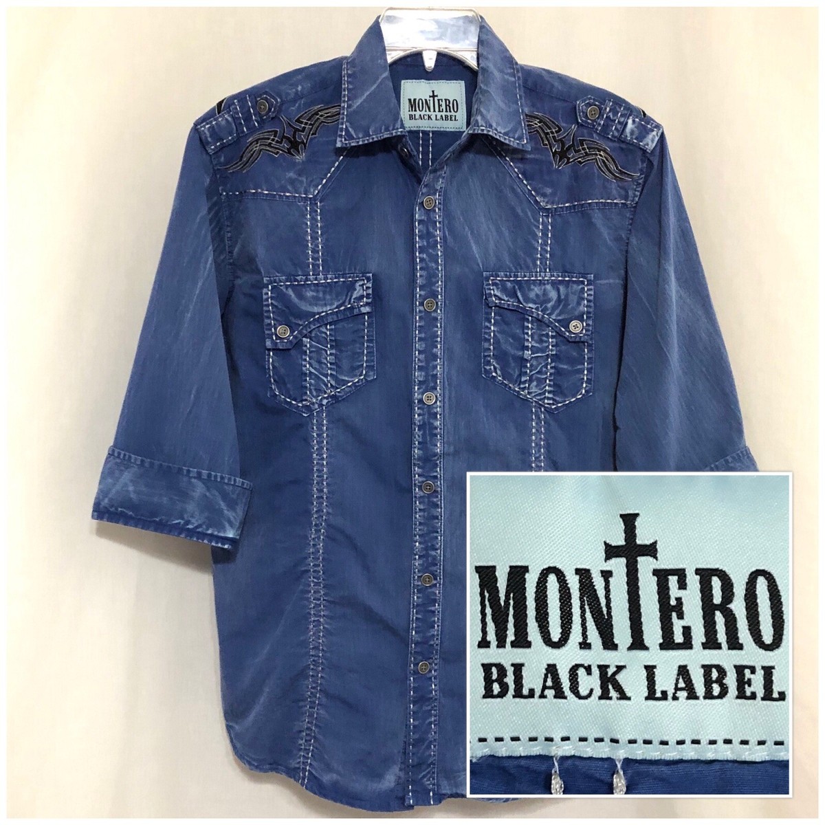 Sz M Medium MONTERO Black Label Men's 3/4 Sleeve, Button