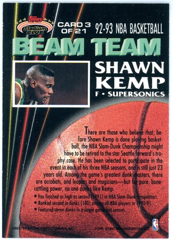 1992-93 Topps Stadium Club - Beam Team Members Only - SHAWN KEMP - #3 - Picture 2 of 3
