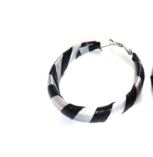 THICK SHINY BLACK AND SILVER HOOP EARRINGS WRAPPED HOOPS 2 INCH LIGHTWEIGHT - Picture 2 of 4