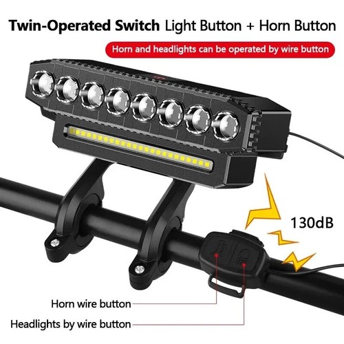 Luce USB Ricaricabile Bici Bicicletta Anteriore con Corno Ciclo LED Faro Lampada Set - Foto 6 di 6