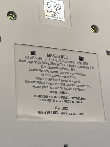 ITW LINX - MAX 8 DBS Surge Protector Power Conditioner Model: M8DBS Strip TESTED - 第 5/6 張圖片
