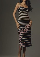 Maeve $258 Anthropologie Striped Midi Dress Embroidered Flowers Fairy Formal
