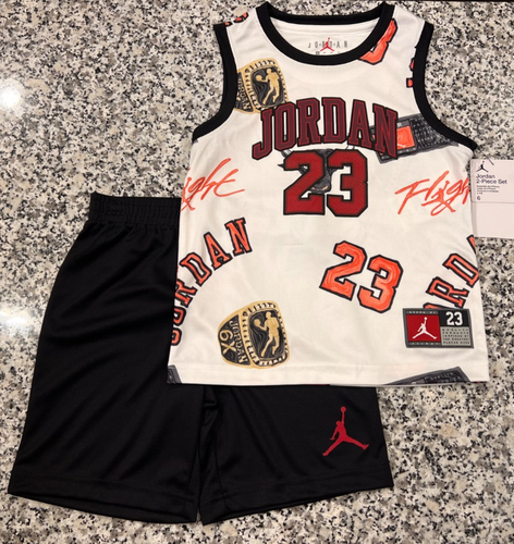 NWT NIKE AIR JORDAN BOY'S 2 pc SET SLEEVELESS TANK TOP JERSEY BLACK SHORTS 6 Med - Picture 8 of 10