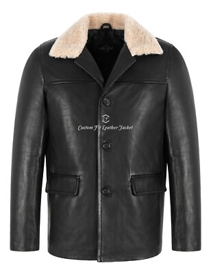 Herren schwarz klassisch Echtleder Box Knopfmantel abnehmbarer Kragen Jacke Stil