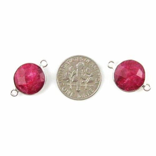 Bezel Gem Links - Sterling Silver - Faceted Coin Shape - Dyed Ruby (2 Pcs) - Picture 2 of 2
