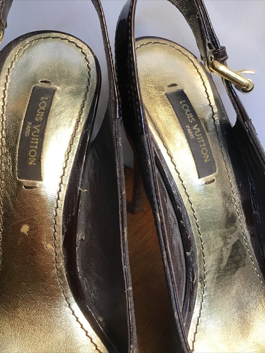 Louis Vuitton Shoe Black High Heel Peep Toe Print Logo