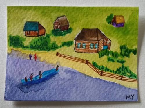 ACEO Original - Village by Lake - Watercolor 2.5 x 3.5 Signed - Picture 2 of 3