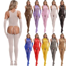 Womens Jumpsuit Full-body Bodysuit Sleeveless Unitard Regular Teddy Glossy Sexy