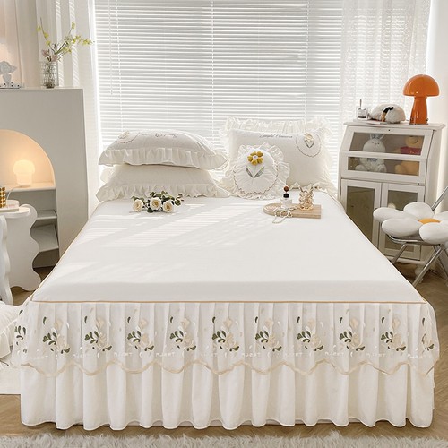 Falda de cama de encaje texturizada con flores 3D delgada Queen King sábana sólida - Imagen 29 de 31