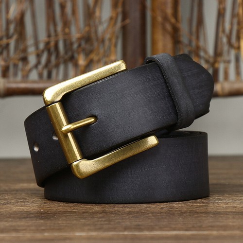 Men Retro Leather Belt with Solid Brass Buckle Waistband Casual Jeans Pants Belt - Picture 10 of 16