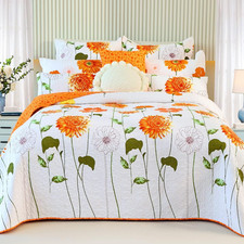100 Cotton Quilt King Size Orange Sunflower Bedding Set Floral Lightweight Quil