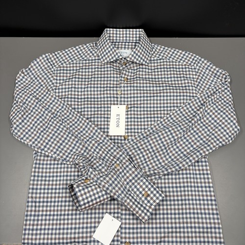 Eton Shirt Mens 39 15.5 White Fine Checked Slim Fit Long Sleeve Button Up Cotton - Picture 3 of 7