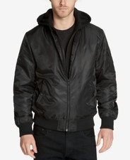  195 GUESS Men's Bomber Jacket with Removable Hooded Inset  Black  XLarge