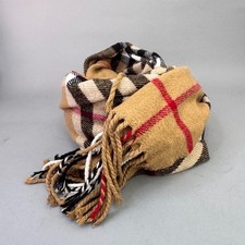 Classic Plaid Fringe Scarf   Tan, Red, Black  White Check Pattern