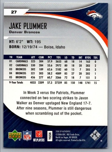 2006 SP Authentic Jake Plummer Denver Broncos #27 - Picture 2 of 2