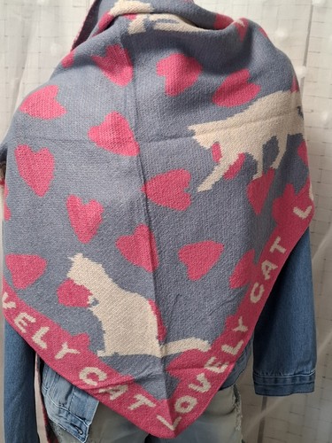 Dreieck Schal Stola Tuch Jeansblau pink Lovely Cat Herzen NEU Viskose Strick - Picture 5 of 5