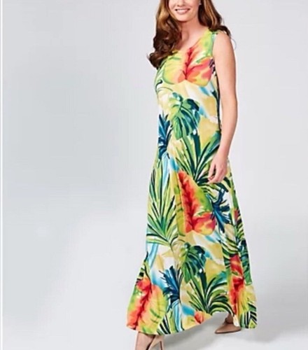 Attitudes by Renee Maxi Tank Kleid XL grün gelb Palmenmuster Stretch ärmellos