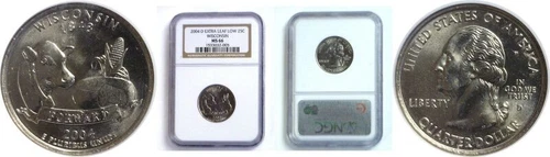 2004-D 25C Wisconsin State Quarter Error Extra Low Leaf NGC MS-66