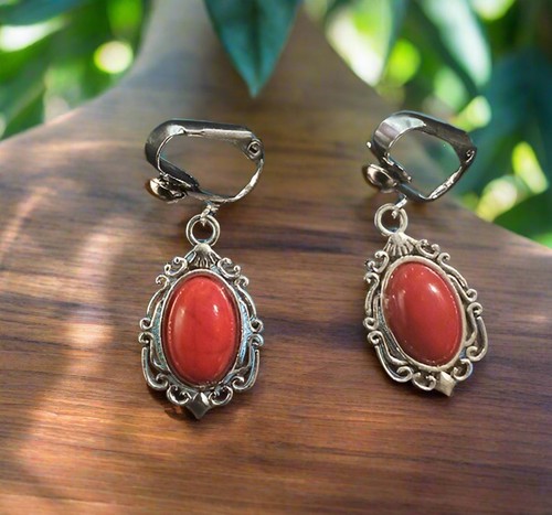 Western 3pc clip on red stone silver chain necklace, bracelet, earring set - Bild 4 von 4