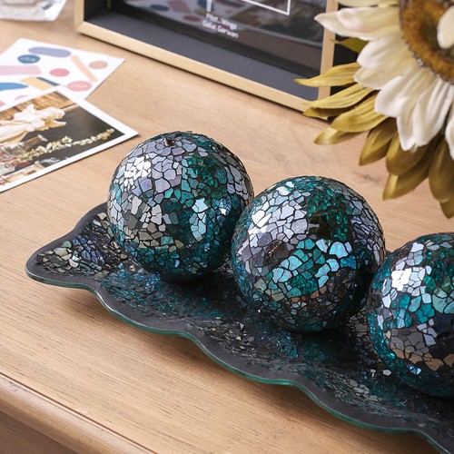 3pcs 4" Decorative Orbs Balls Sphere with Mosaic Glass Decorative Tray Dish P... - Picture 4 of 6