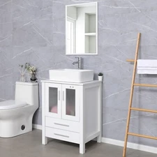 24" White Bathroom Vanity Set Rectangle Ceramic Vessel Sink Set Combo No Mirror