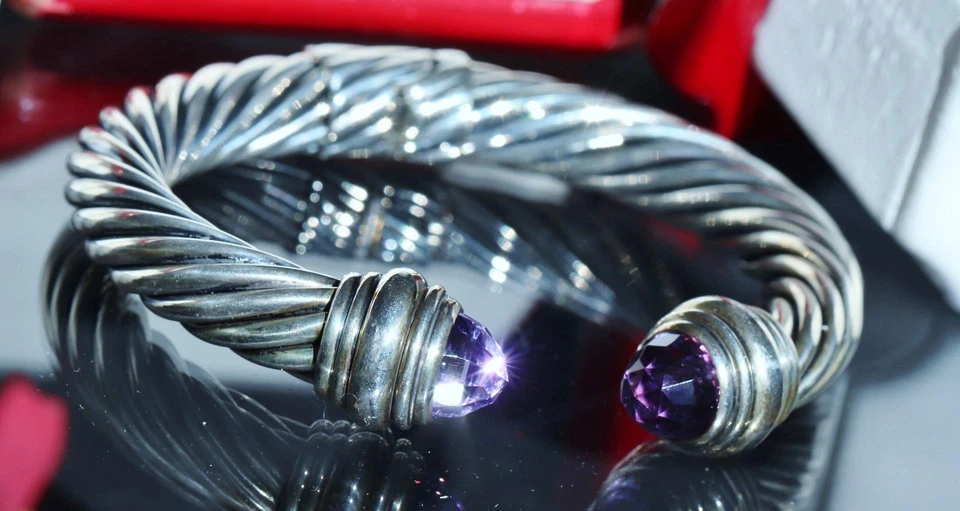 David Yurman Pulsera Plata 925 Amatista Clásica 7" Cable Brazalete 53.65g N3395 Foto 2 de 4