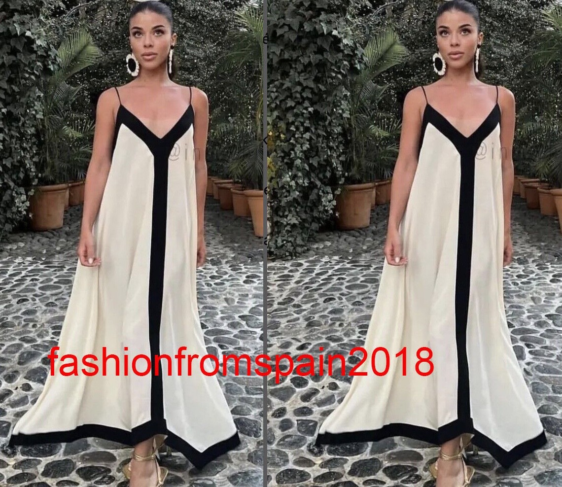 MASSIMO DUTTI NEW MIDI Strappy dress with contrast V neck CREAM XS L 6615 607 eBay
