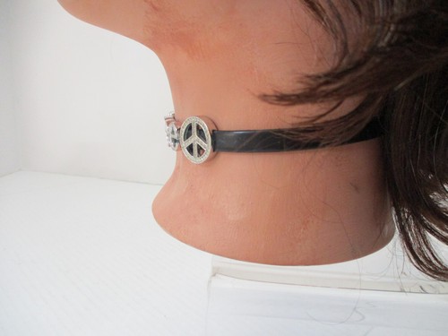 Black Leather Rhinestone PEACE Choker Necklace Vintage Adjustable - Picture 5 of 11