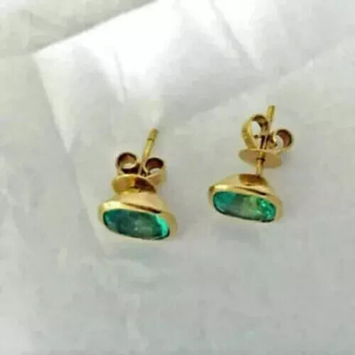 1Ct Lab-Created Green Emerald Bezel Women Stud Earrings 14K Yellow Gold Finish - Picture 3 of 3