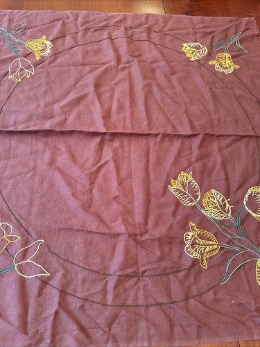 Vintage Brown hand embroidered tablecloth tulips and flowers, fringe edges 33x36